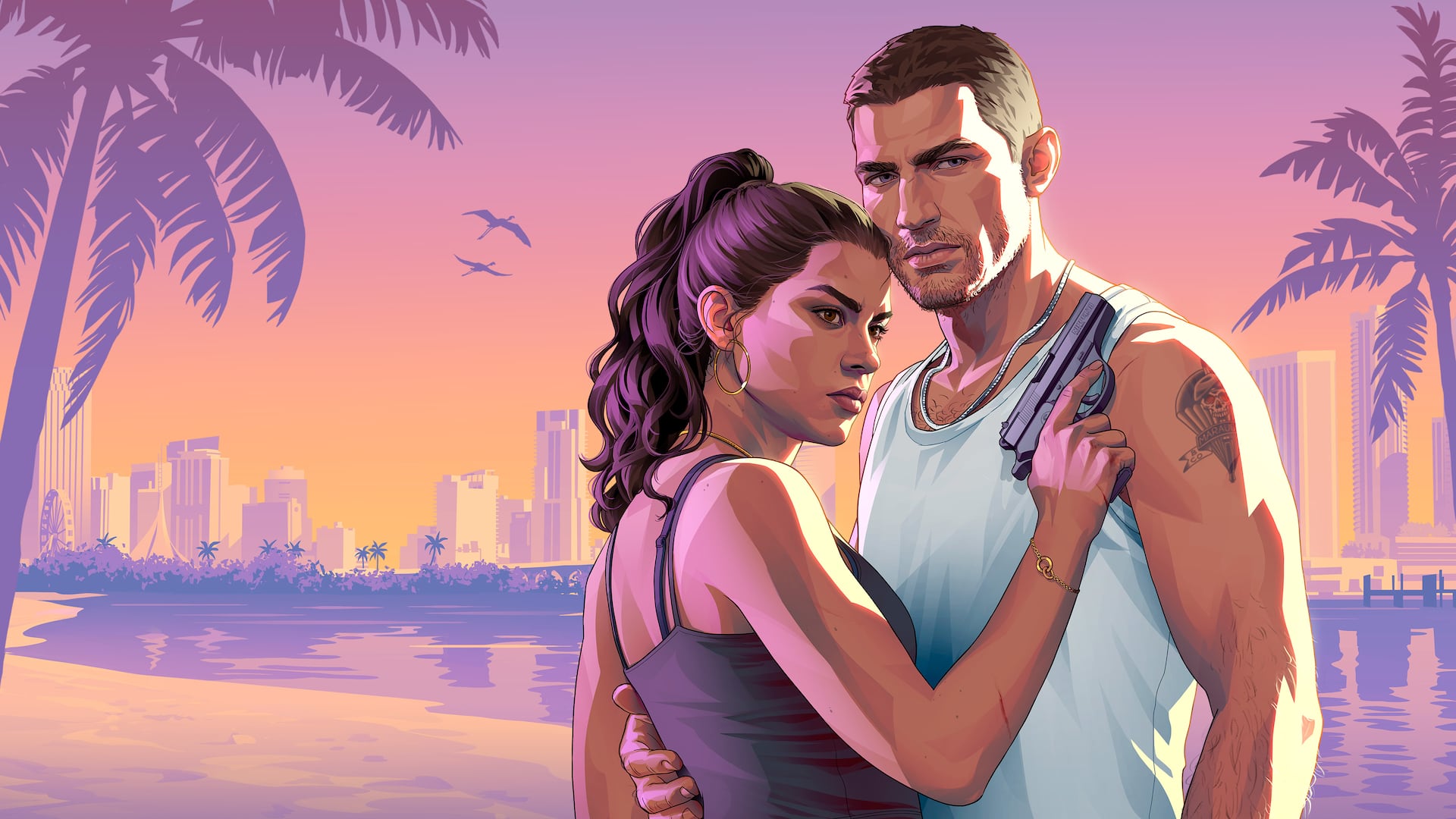 Illustration officielle de Jason et Lucia sur la plage, Rockstar Games