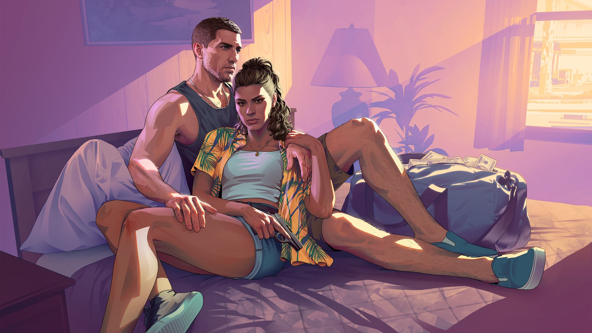 Illustration officielle de Jason et Lucia dans une chambre de motel, Rockstar Games