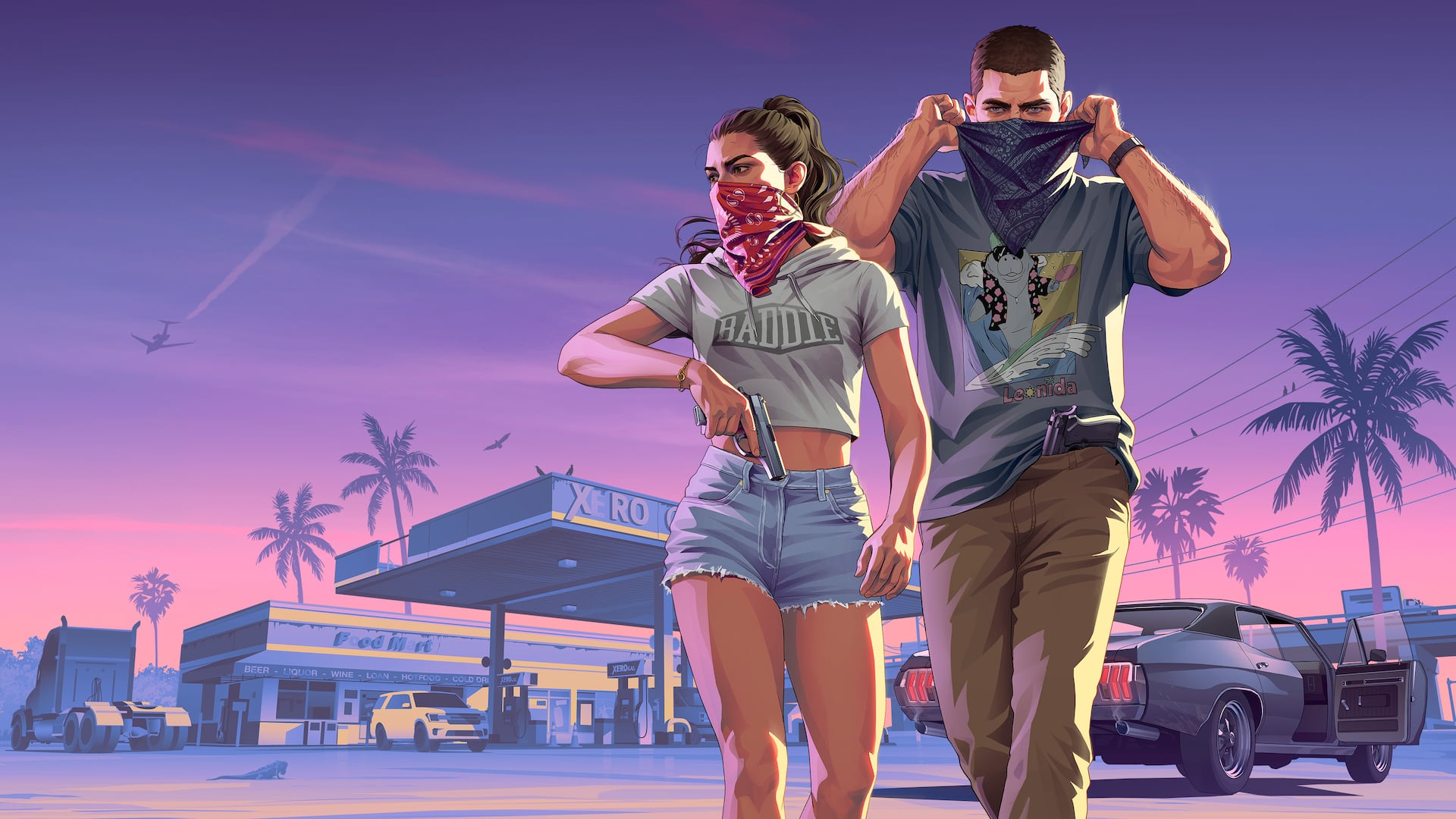 Illustration officielle de Jason et Lucia devant une station-service, Rockstar Games