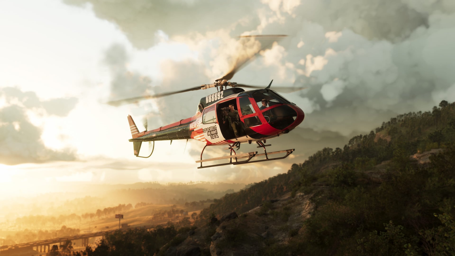 Hélicoptère au-dessus du parc national du Mont Kalaga, capture officielle Rockstar Games