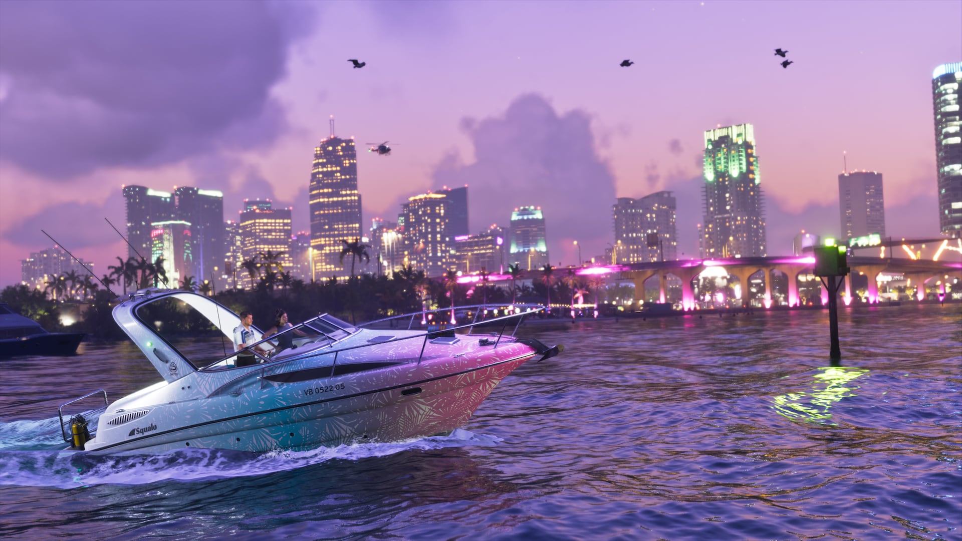 Shitzu Squalo devant le skyline de Vice City, capture officielle Rockstar Games