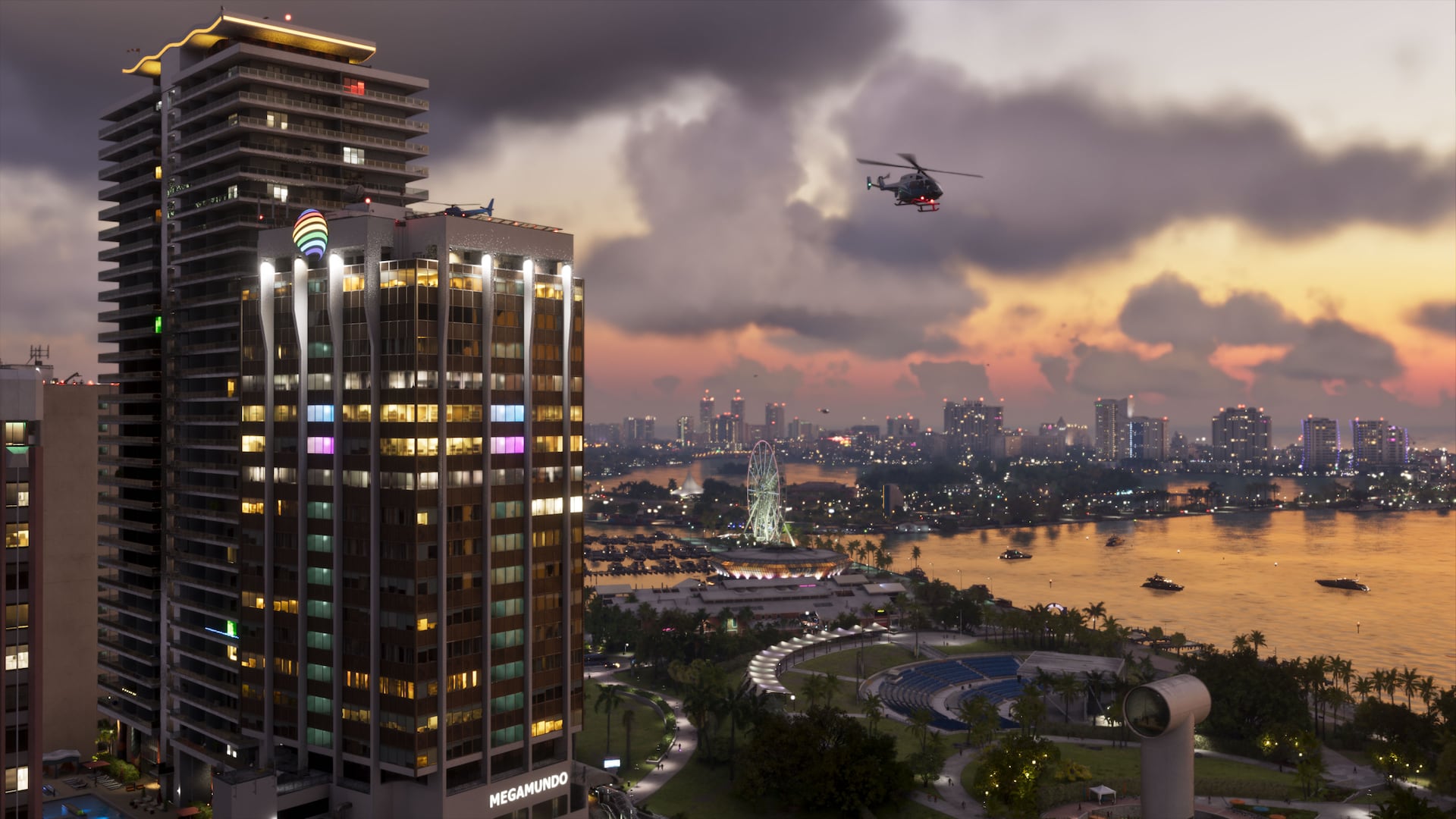 Vice City au crépuscule sous un ciel chargé, capture officielle Rockstar Games